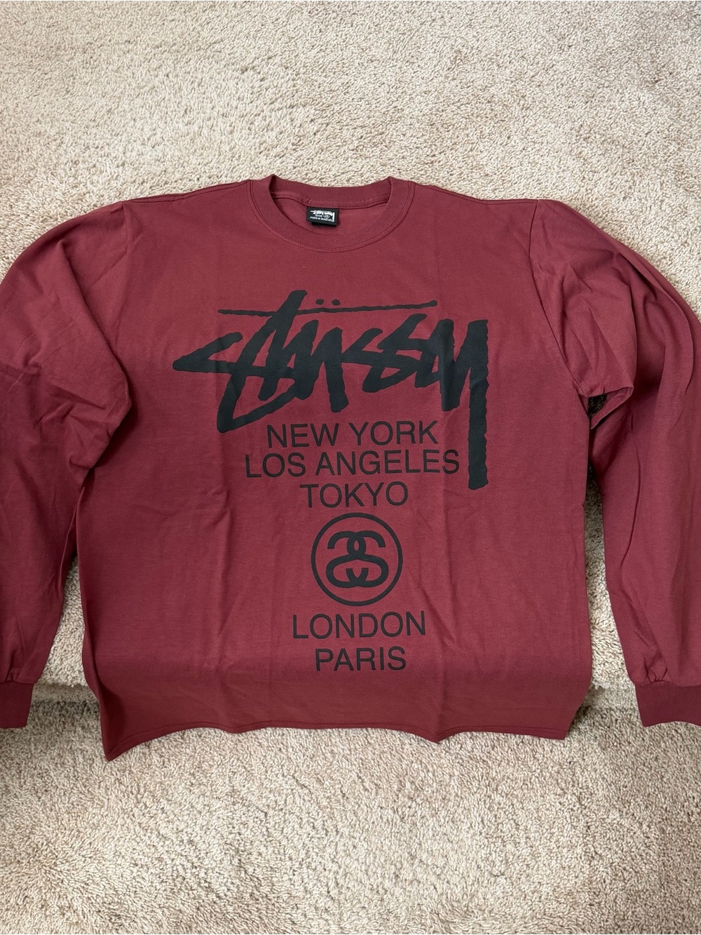 Stussy LS World Tour Shirt in Burgundy with Black Logo (NEW)